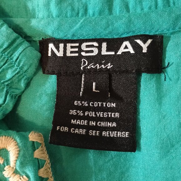 Neslay Paris Teal Green Embroidered Boho Mini Poof Bubble Dress Large - Picture 8 of 13